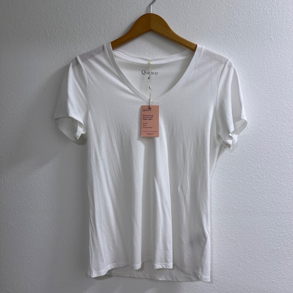 Quince Cotton Modal V Neck Tee - White - Size M
